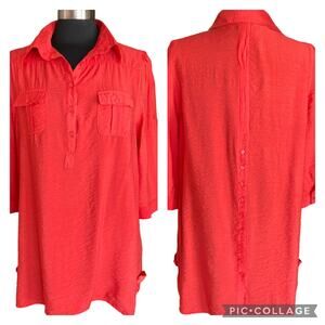 Cotton Express Red Popover Tunic Sz XL Roll Tab Sleeves Back Button Detailing